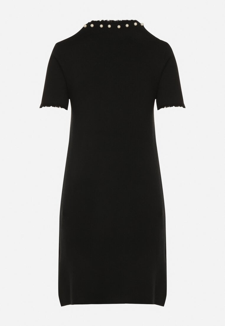 Czarna Trapezowa Sukienka Sweterkowa Ozdobiona Perełkami Eletusa
