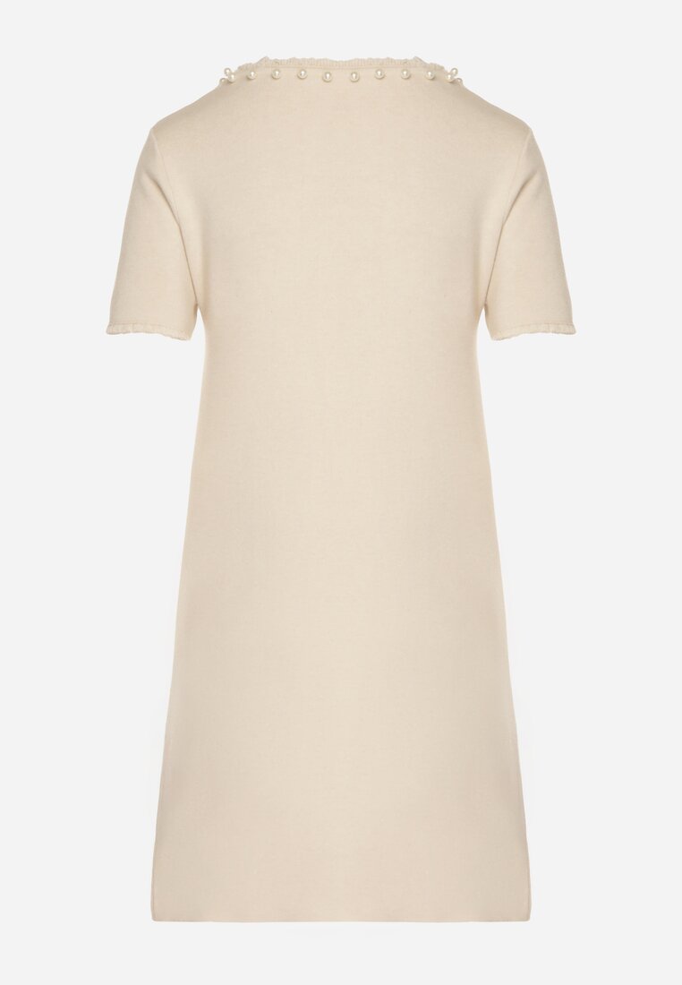 Jasnobeżowa Trapezowa Sukienka Sweterkowa Ozdobiona Perełkami Eletusa