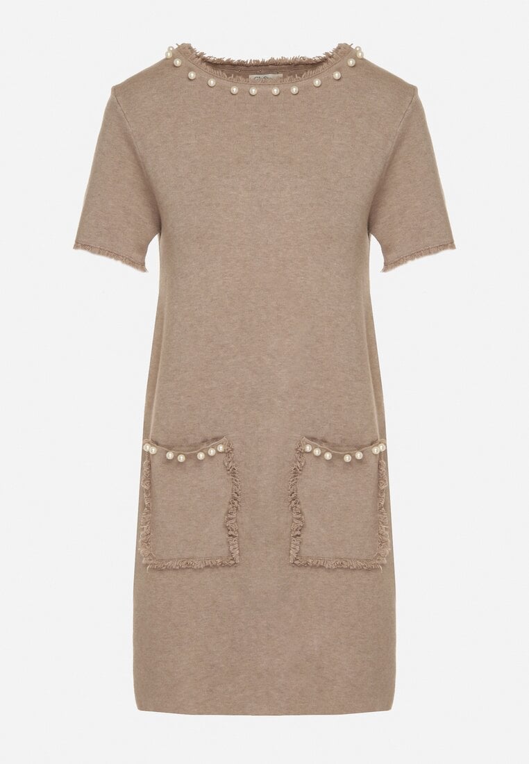 Beżowa Trapezowa Sukienka Sweterkowa Ozdobiona Perełkami Eletusa