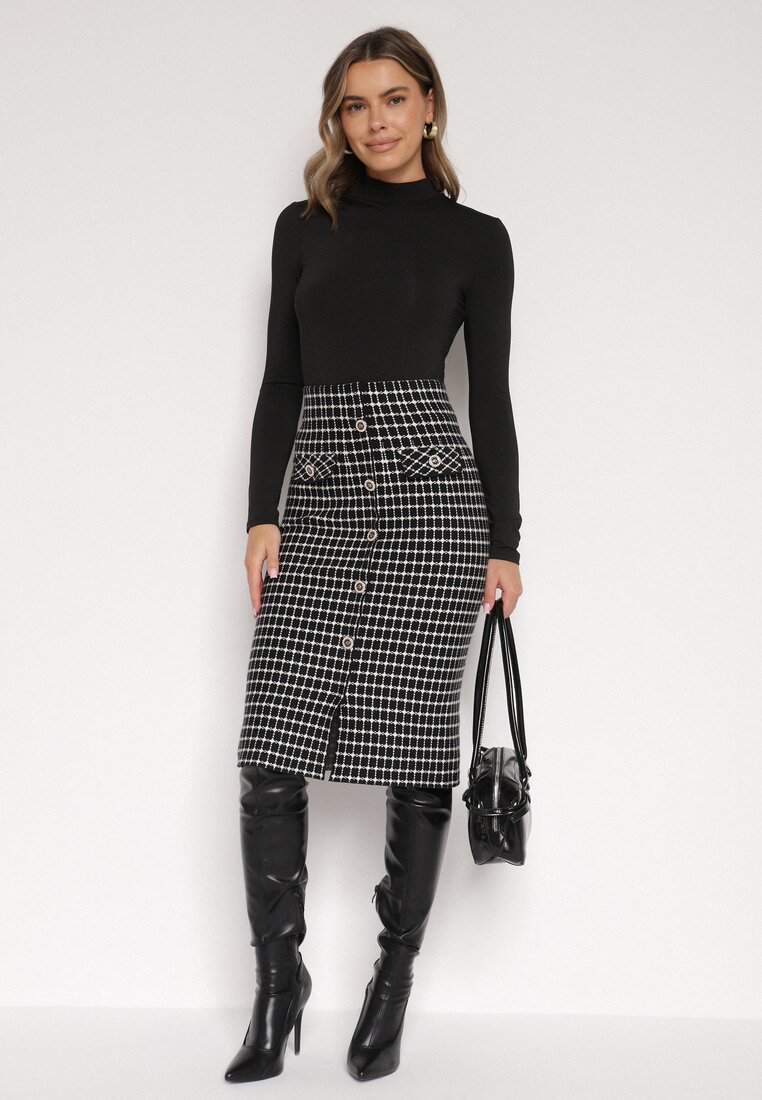 Czarno-Biała Ołówkowa Tweedowa Spódnica w Kraciasty Wzór z Guzikami Anitusa