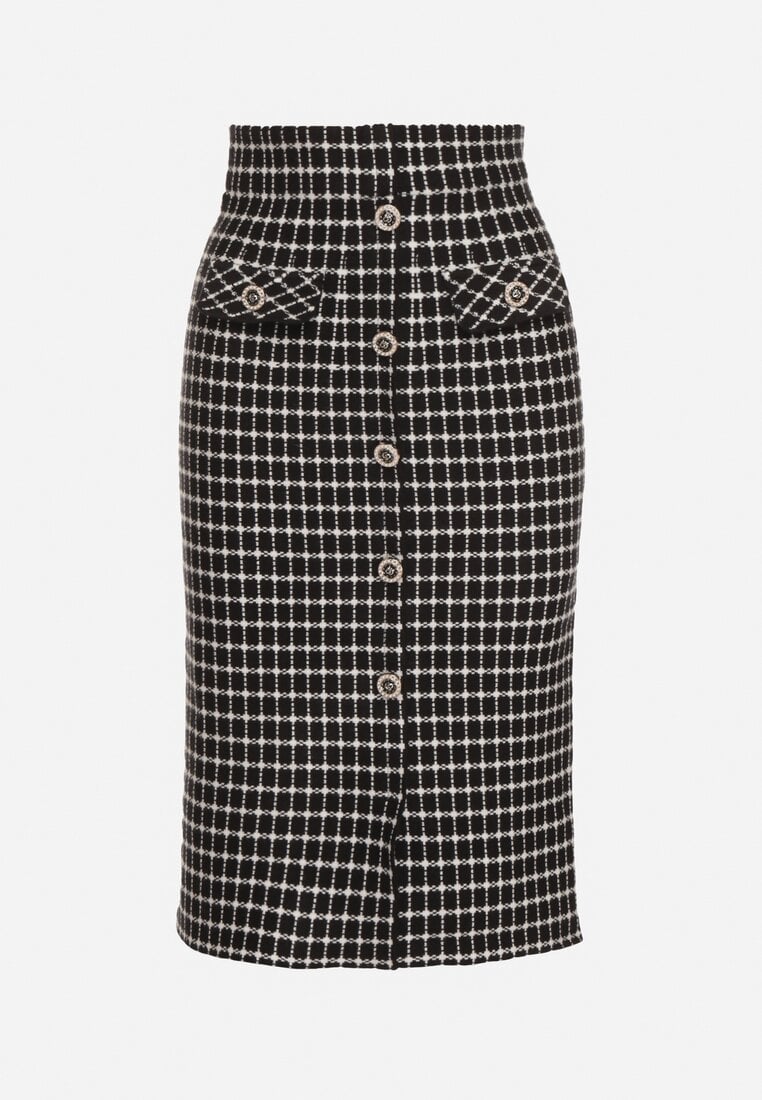 Czarno-Biała Ołówkowa Tweedowa Spódnica w Kraciasty Wzór z Guzikami Anitusa