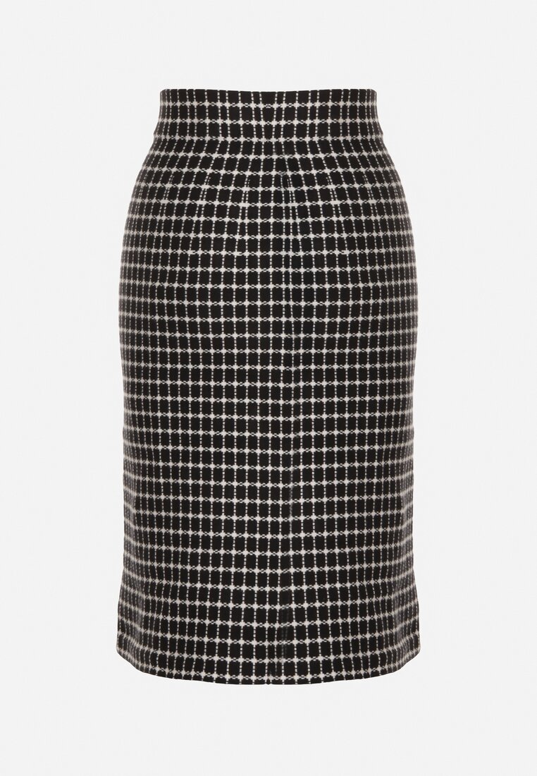 Czarno-Biała Ołówkowa Tweedowa Spódnica w Kraciasty Wzór z Guzikami Anitusa