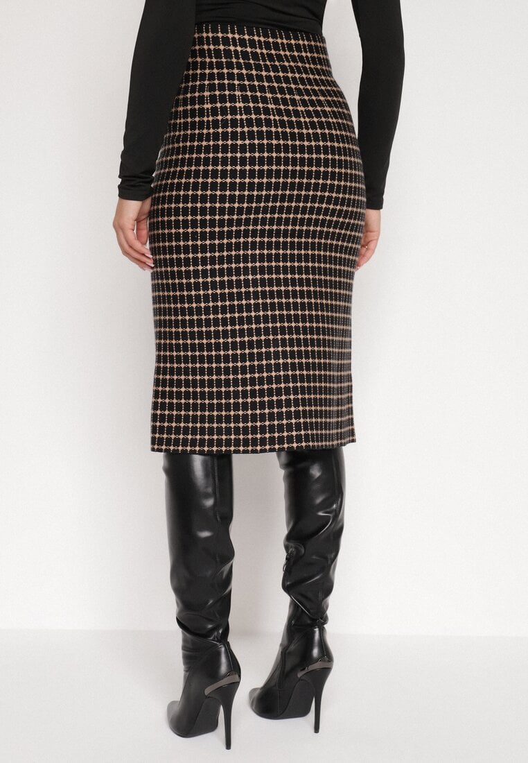 Czarno-Beżowa Ołówkowa Tweedowa Spódnica w Kraciasty Wzór z Guzikami Anitusa