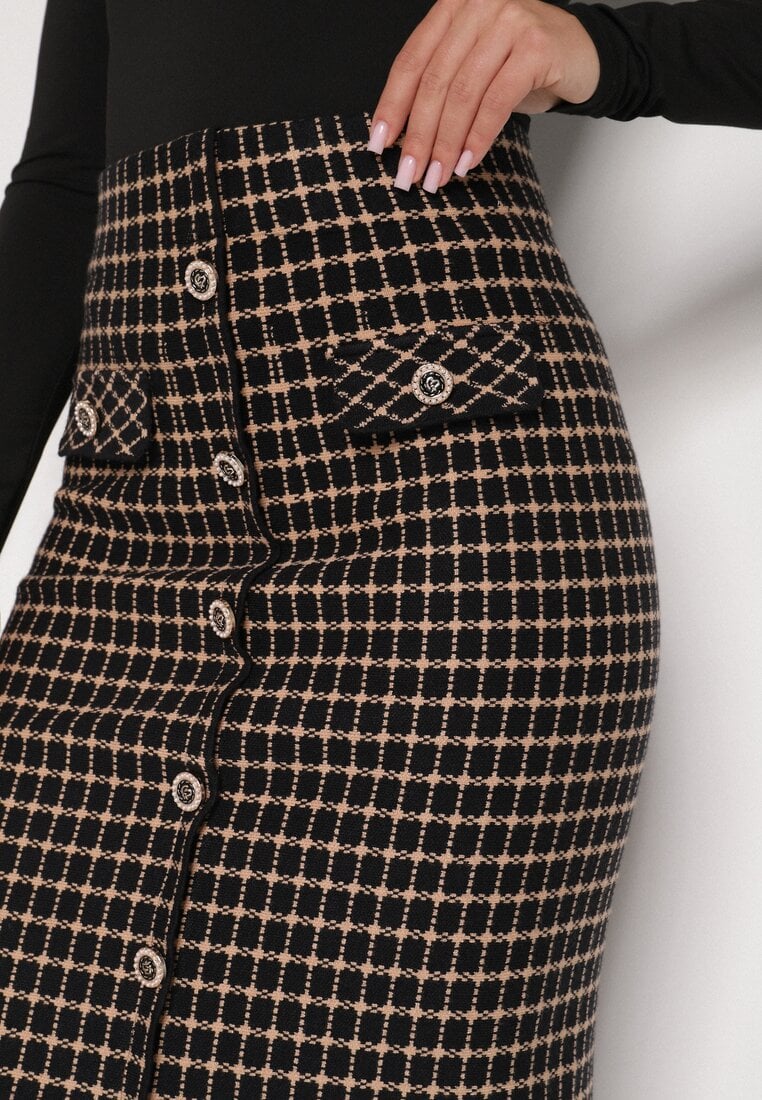 Czarno-Beżowa Ołówkowa Tweedowa Spódnica w Kraciasty Wzór z Guzikami Anitusa