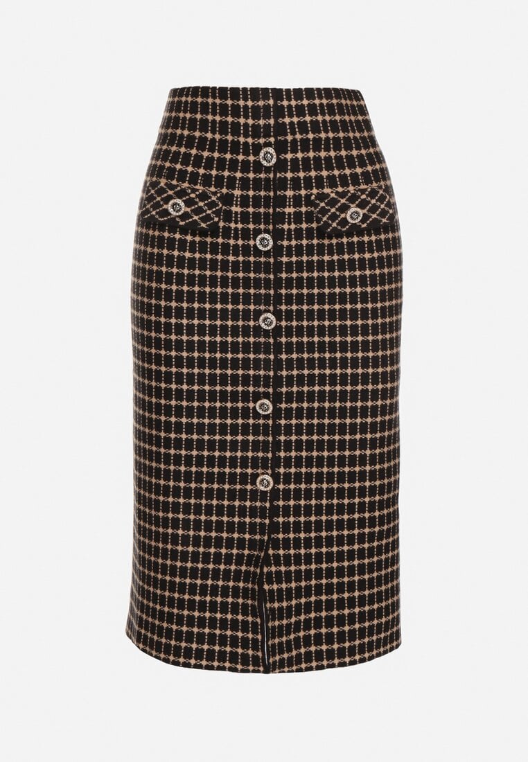 Czarno-Beżowa Ołówkowa Tweedowa Spódnica w Kraciasty Wzór z Guzikami Anitusa
