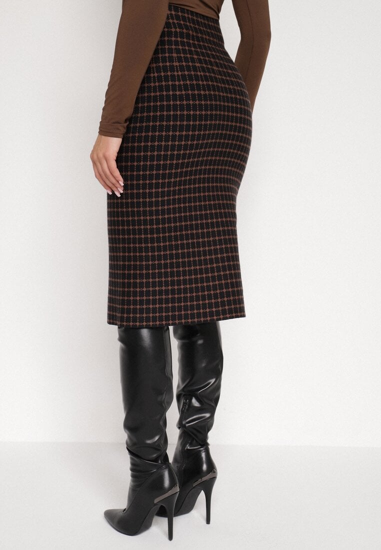 Czarna Ołówkowa Tweedowa Spódnica w Kraciasty Wzór z Guzikami Anitusa