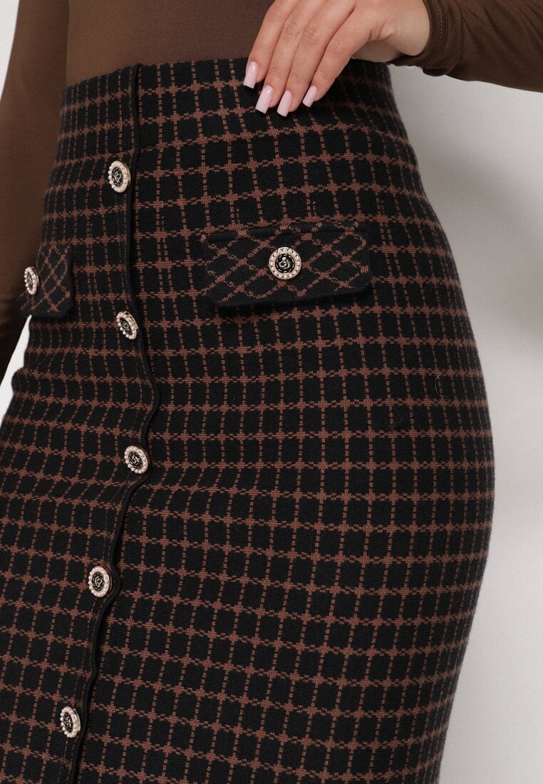 Czarna Ołówkowa Tweedowa Spódnica w Kraciasty Wzór z Guzikami Anitusa