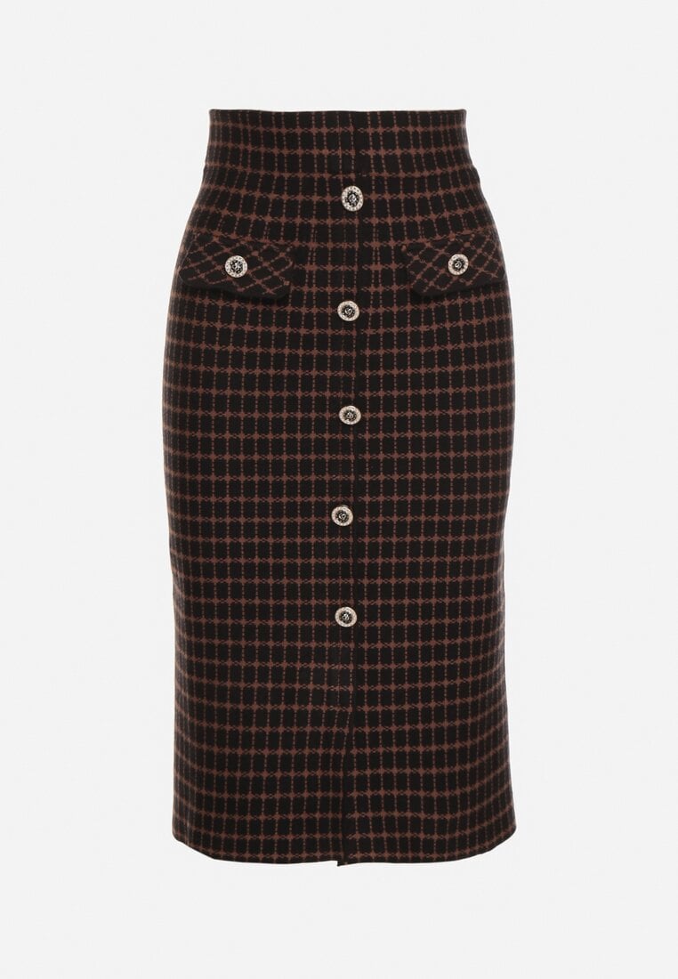 Czarna Ołówkowa Tweedowa Spódnica w Kraciasty Wzór z Guzikami Anitusa