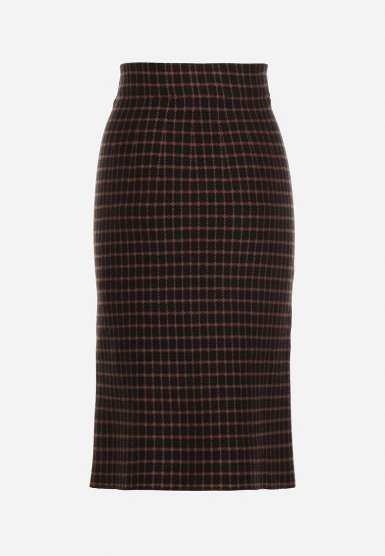 Czarna Ołówkowa Tweedowa Spódnica w Kraciasty Wzór z Guzikami Anitusa