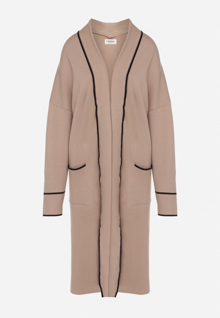 Beżowy Długi Niezapinany Kardigan Ozdobiony Lamówką Veritusa