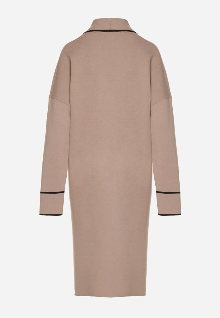 Beżowy Długi Niezapinany Kardigan Ozdobiony Lamówką Veritusa