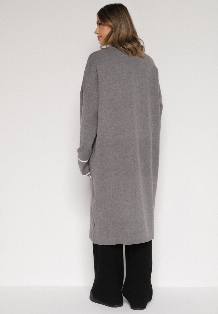 Szary Długi Niezapinany Kardigan Ozdobiony Lamówką Veritusa