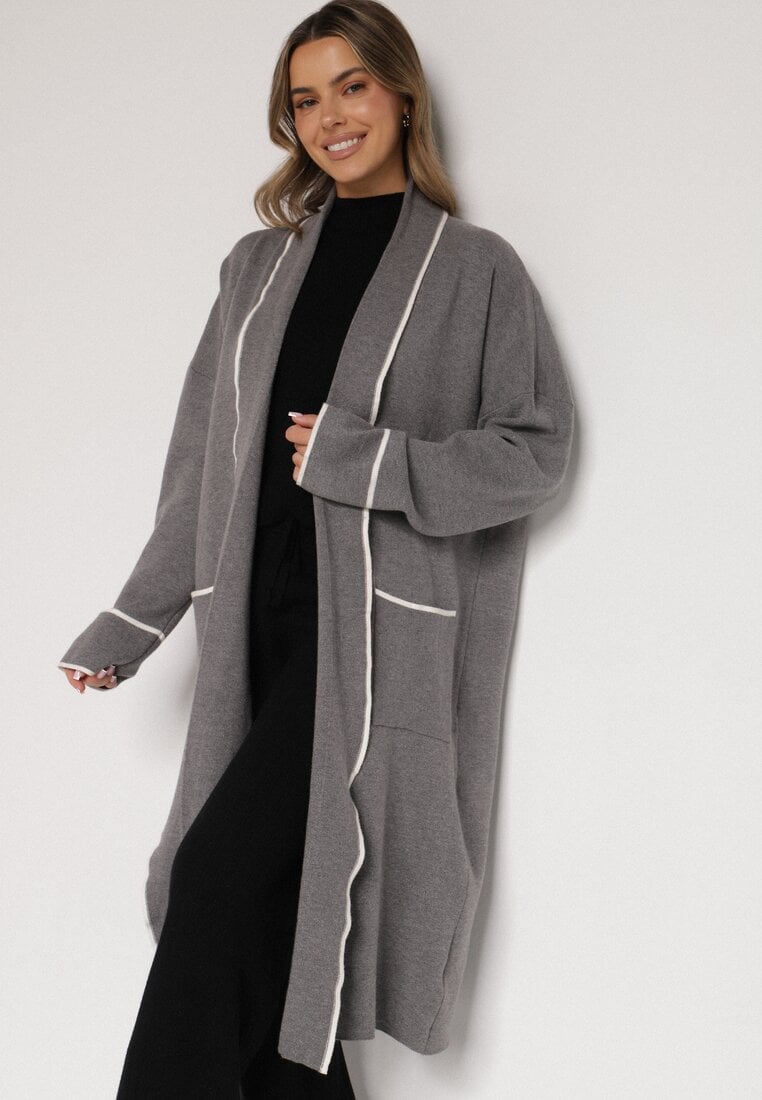Szary Długi Niezapinany Kardigan Ozdobiony Lamówką Veritusa