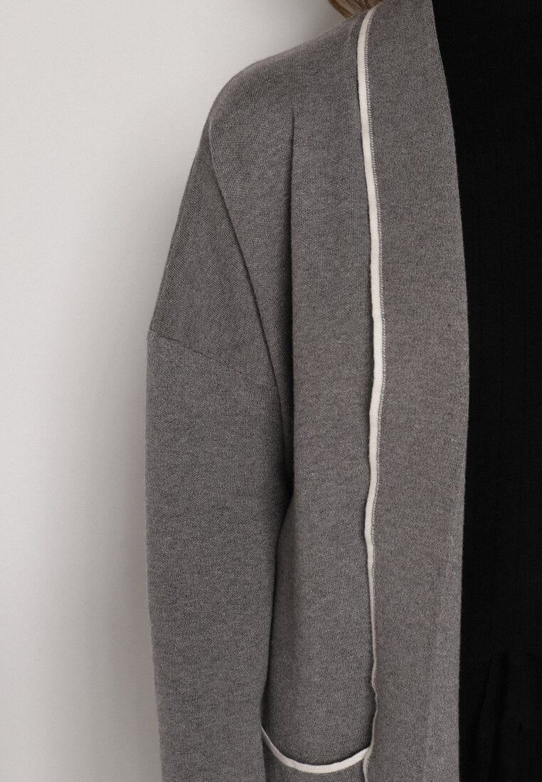 Szary Długi Niezapinany Kardigan Ozdobiony Lamówką Veritusa
