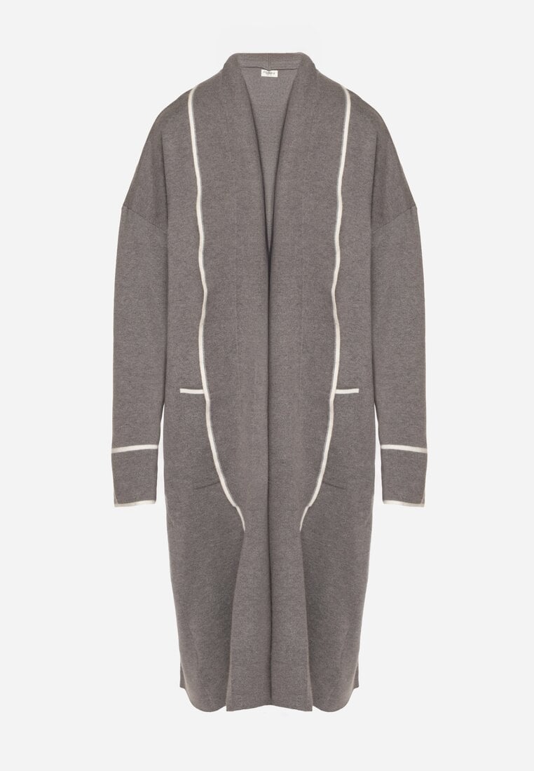 Szary Długi Niezapinany Kardigan Ozdobiony Lamówką Veritusa