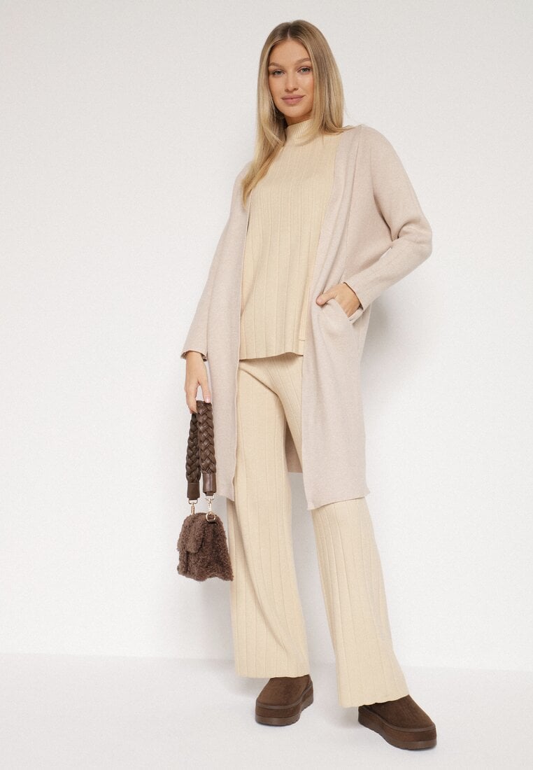 Beżowy Klasyczny Niezapinany Kardigan Elitusa