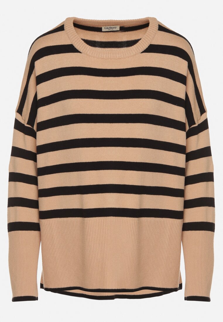 Czarny Sweter o Kroju Oversize z Motywem Pasków Irtusa