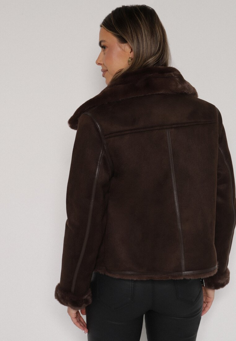 Brązowa Kurtka Biker z Imitacji Zamszu z Futrzanymi Mankietami i Kołnierzem Awedine