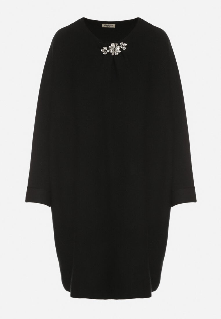 Czarna Sweterkowa Sukienka o Kroju Oversize z Cyrkoniami Tusalia