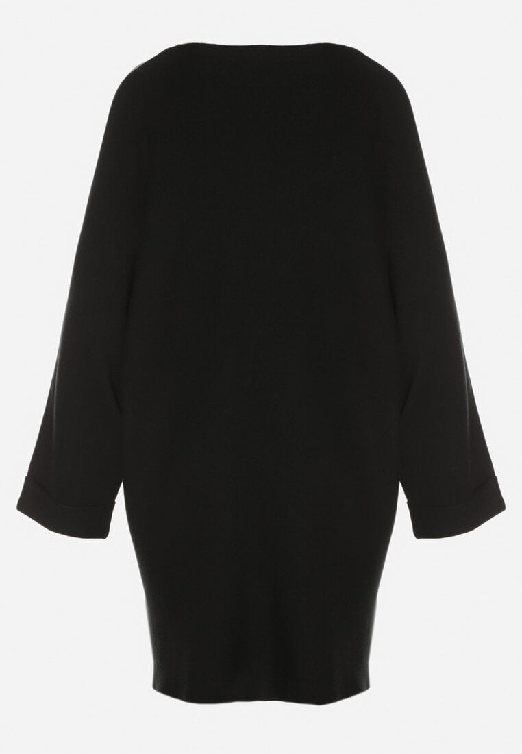 Czarna Sweterkowa Sukienka o Kroju Oversize z Cyrkoniami Tusalia