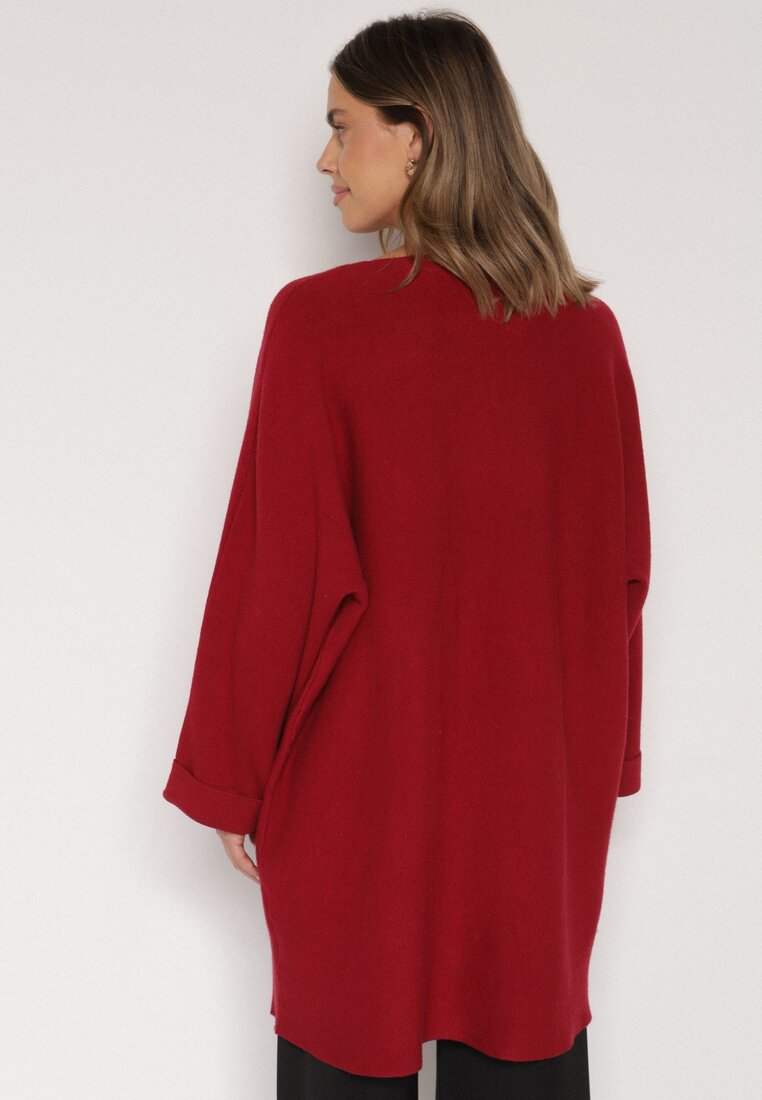 Czerwona Sweterkowa Sukienka o Kroju Oversize z Cyrkoniami Tusalia