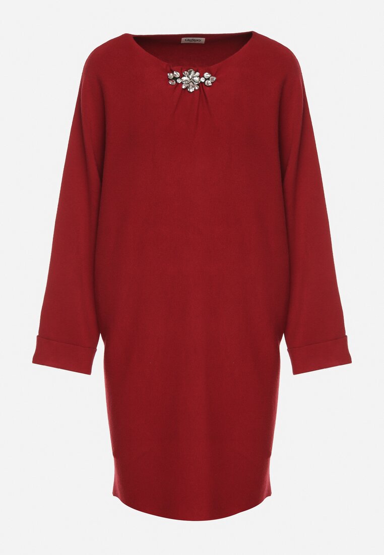 Czerwona Sweterkowa Sukienka o Kroju Oversize z Cyrkoniami Tusalia
