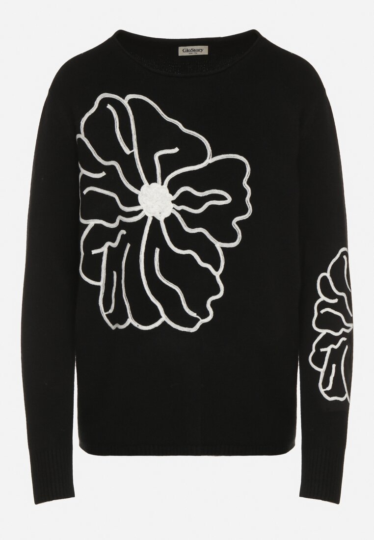 Czarny Sweter Ozdobiony Haftowanymi Kwiatami Halatusea
