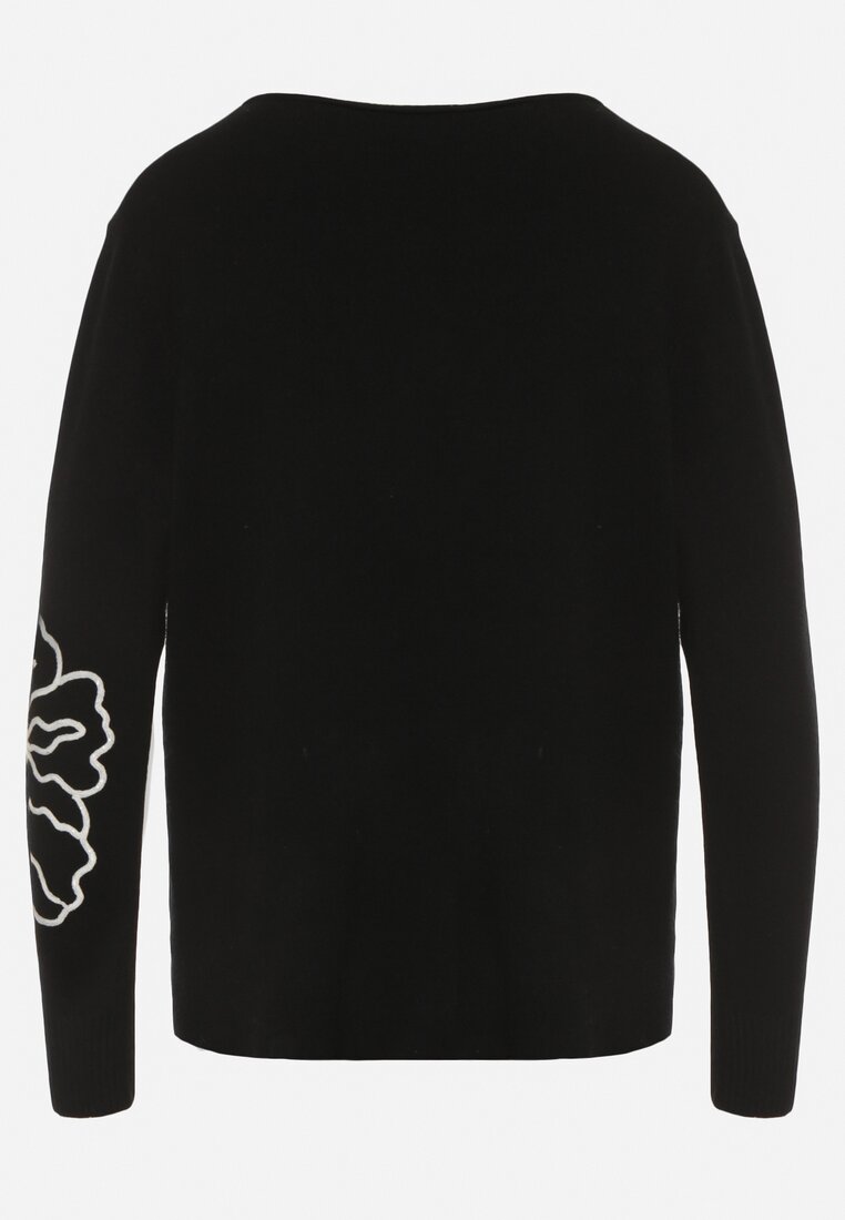 Czarny Sweter Ozdobiony Haftowanymi Kwiatami Halatusea