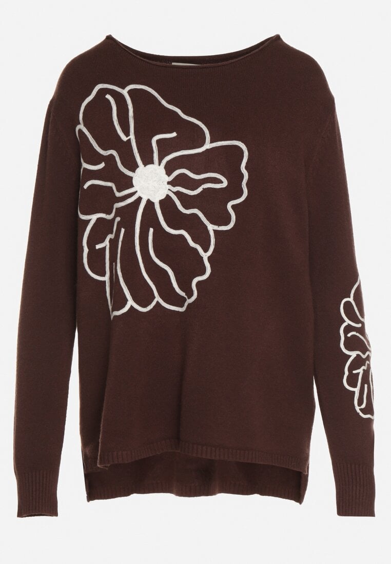 Brązowy Sweter Ozdobiony Haftowanymi Kwiatami Halatusea