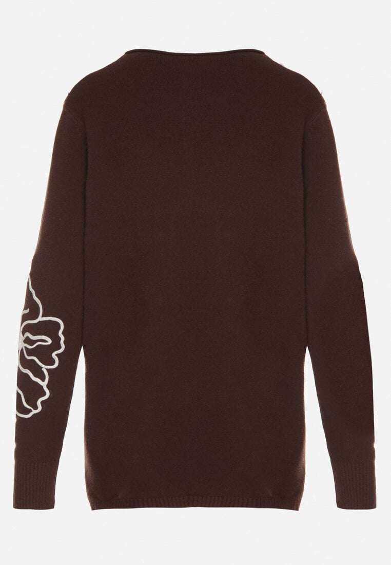 Brązowy Sweter Ozdobiony Haftowanymi Kwiatami Halatusea