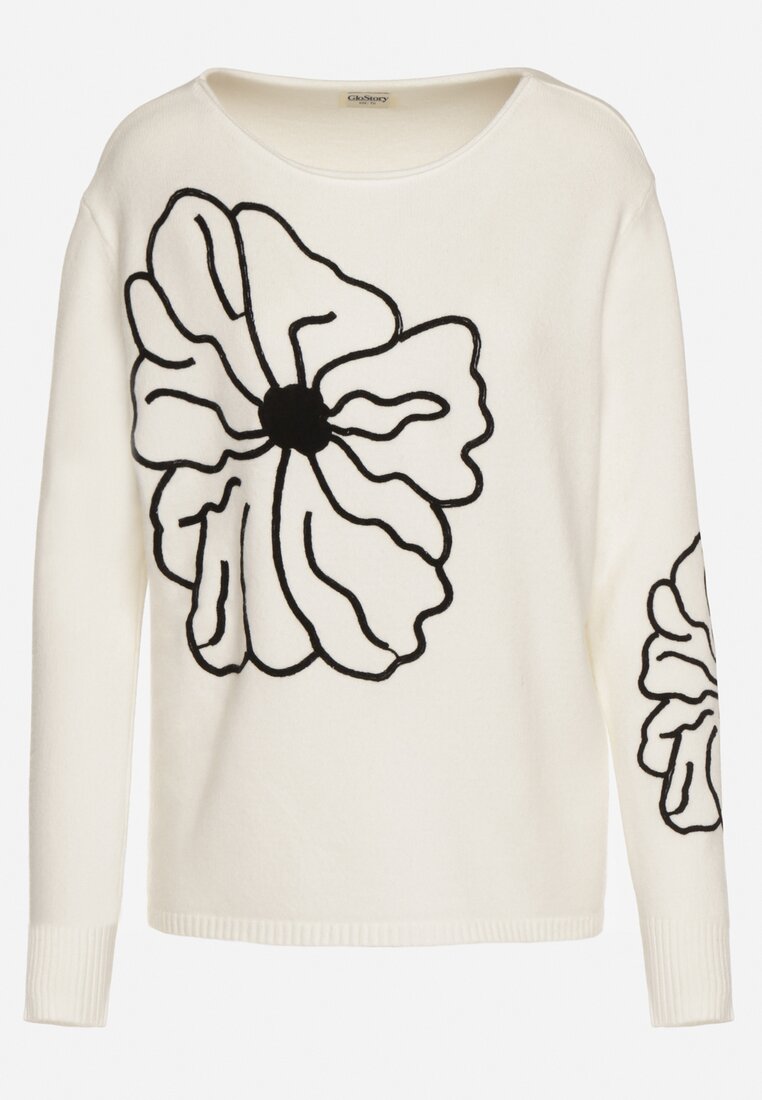 Biały Sweter Ozdobiony Haftowanymi Kwiatami Halatusea