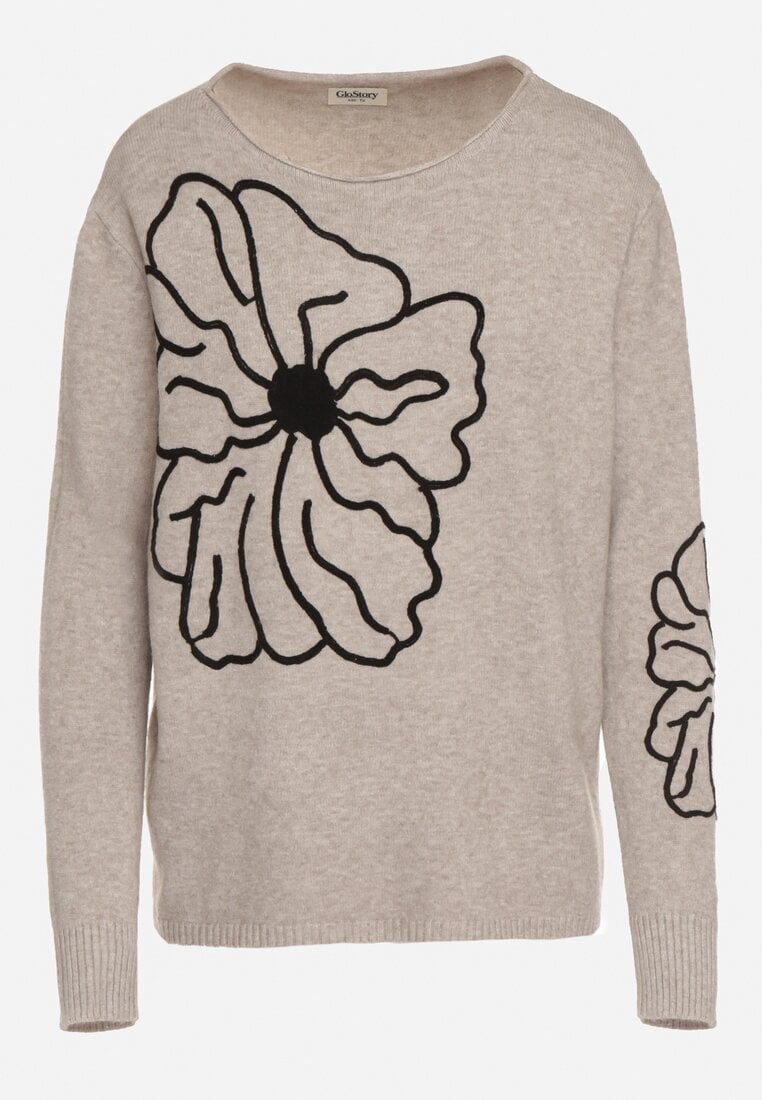 Beżowy Sweter Ozdobiony Haftowanymi Kwiatami Halatusea