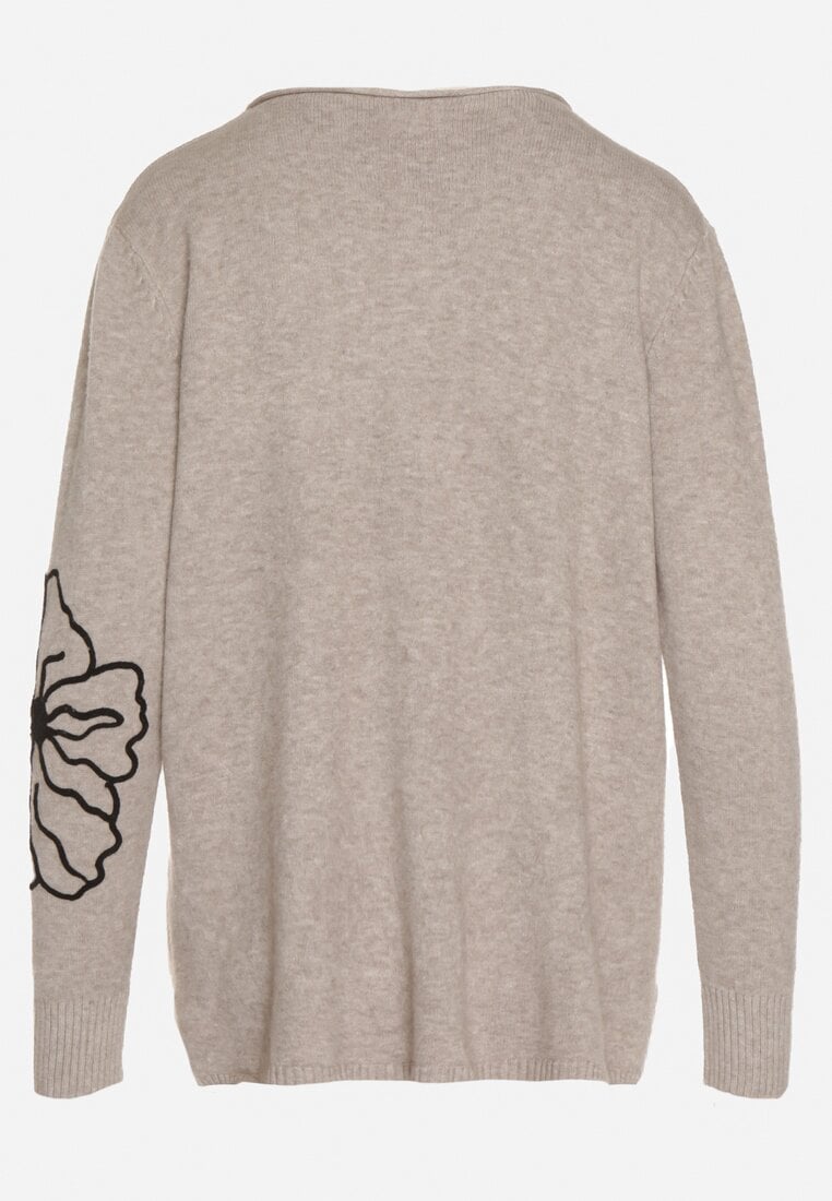 Beżowy Sweter Ozdobiony Haftowanymi Kwiatami Halatusea