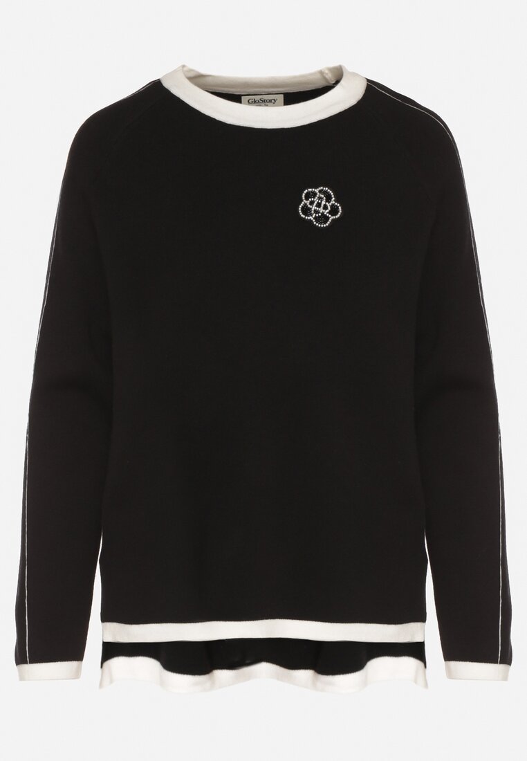 Czarny Sweter Ozdobiony Paskami i Aplikacją Tusanne