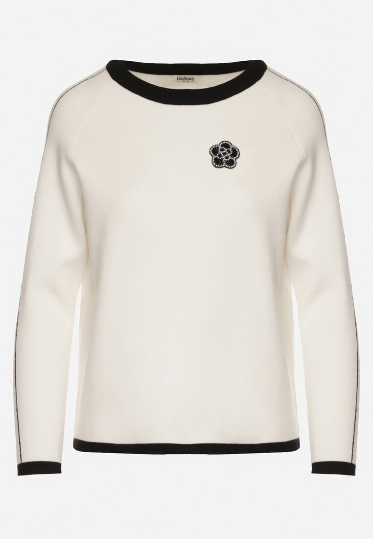 Biały Sweter Ozdobiony Paskami i Aplikacją Tusanne