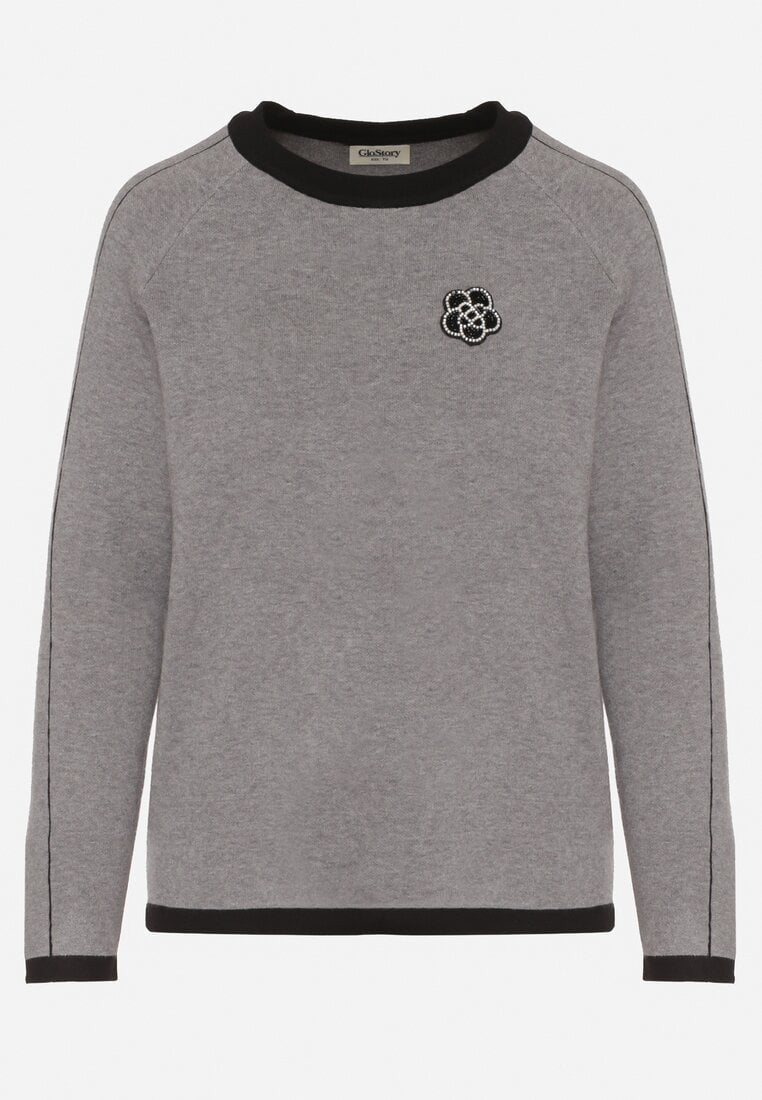 Szary Sweter Ozdobiony Paskami i Aplikacją Tusanne