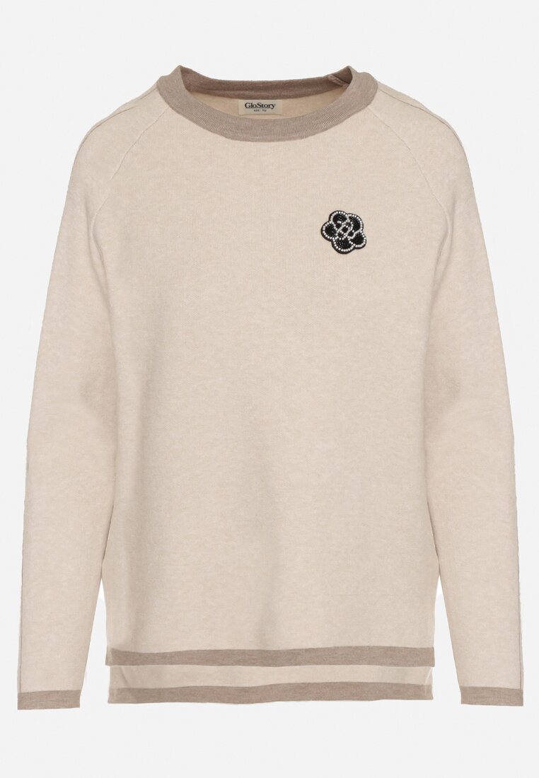 Beżowy Sweter Ozdobiony Paskami i Aplikacją Tusanne