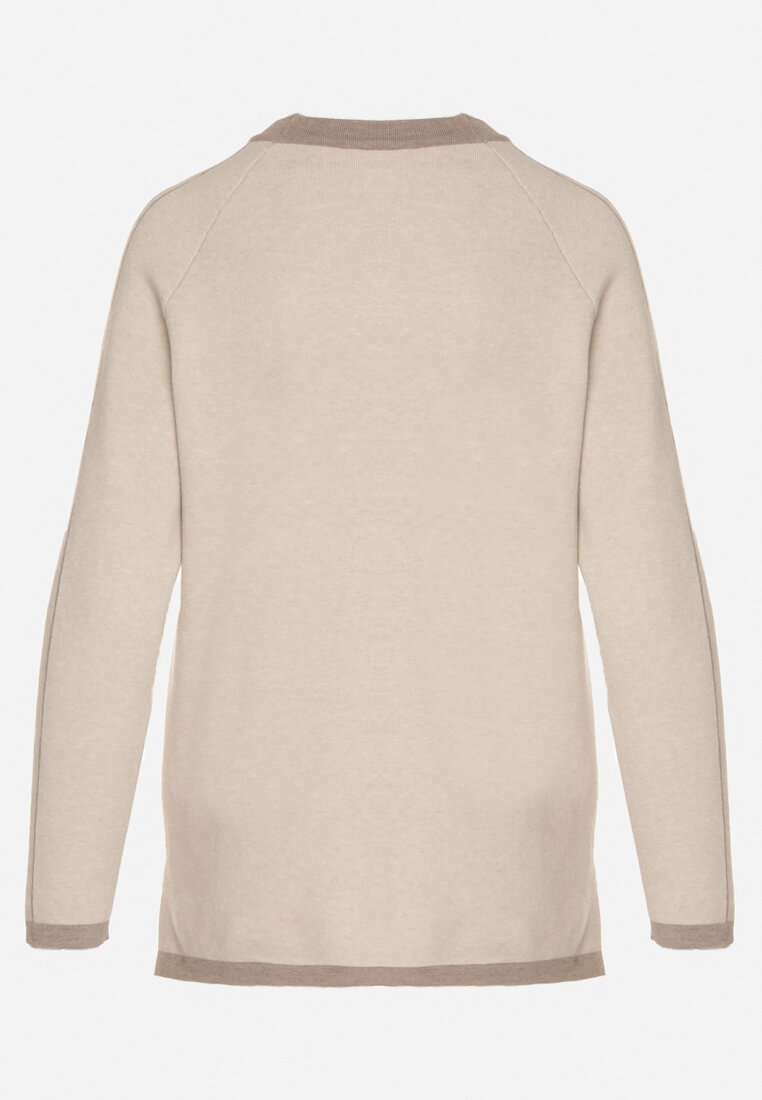 Beżowy Sweter Ozdobiony Paskami i Aplikacją Tusanne