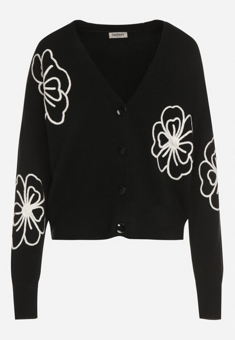 Czarny Kardigan na Guziki w Haftowane Kwiaty Tustara