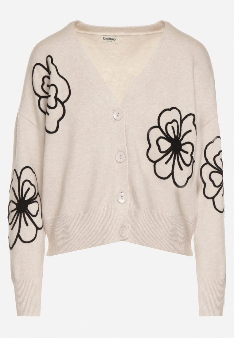 Beżowy Kardigan na Guziki w Haftowane Kwiaty Tustara
