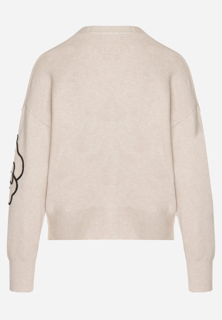 Beżowy Kardigan na Guziki w Haftowane Kwiaty Tustara