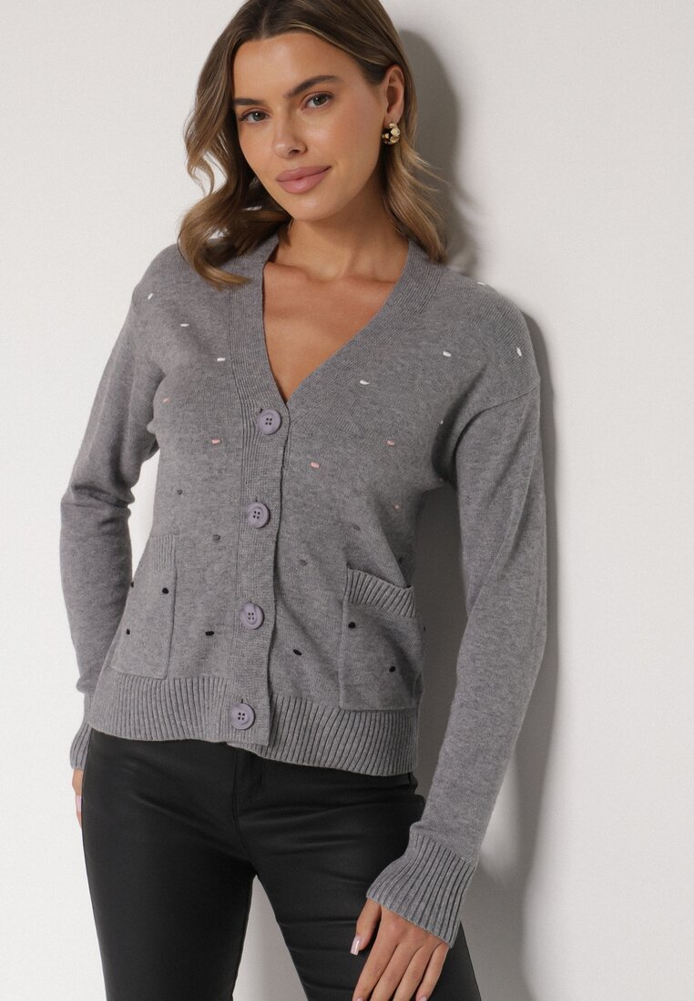 Szary Rozpinany Kardigan w Kropki Tusvanea