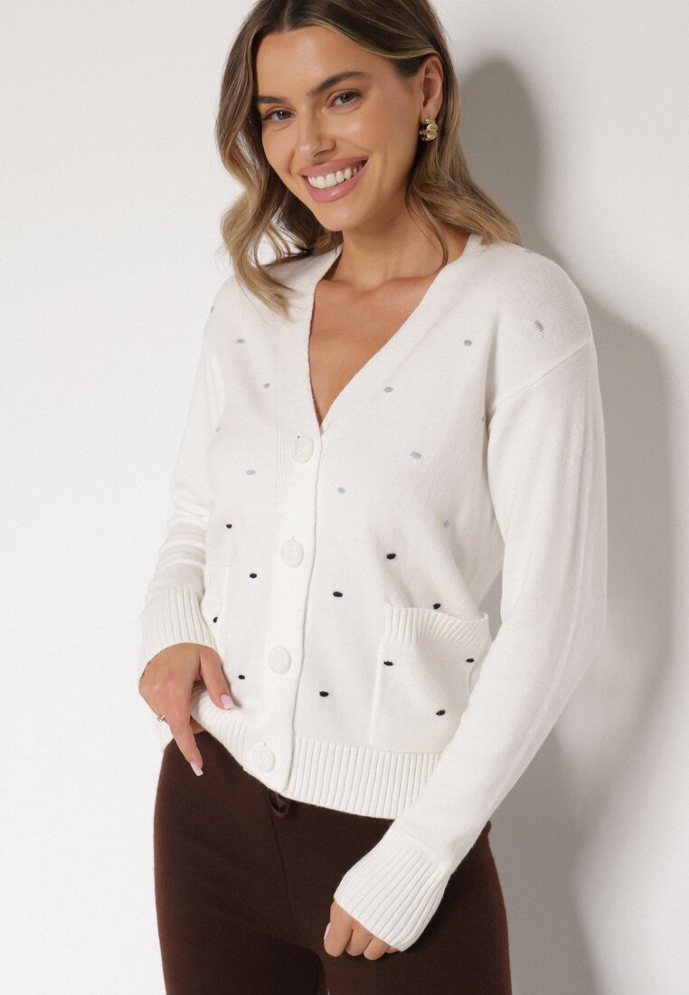 Biały Rozpinany Kardigan w Kropki Tusvanea