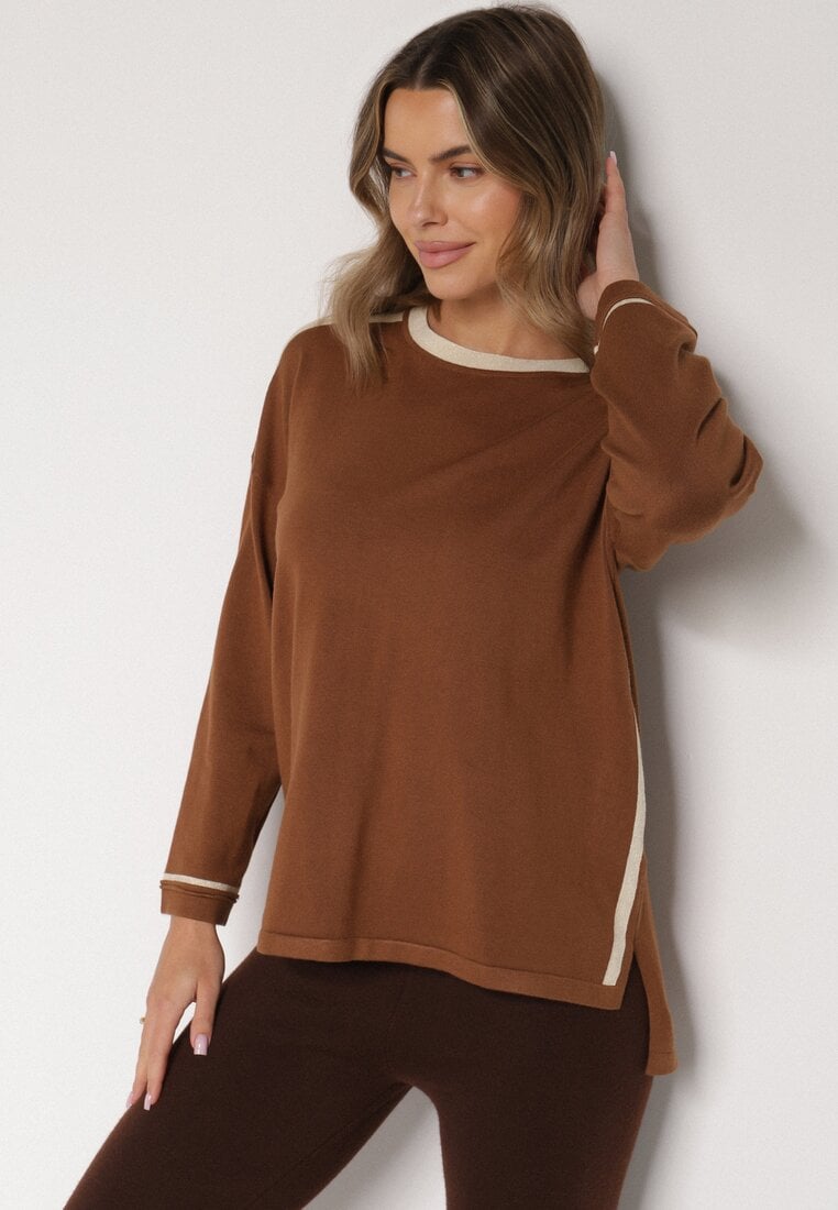 Brązowy Sweter z Bawełną i Metaliczną Nicią Tusima