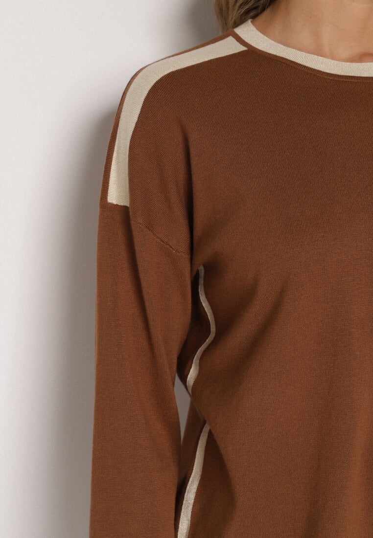 Brązowy Sweter z Bawełną i Metaliczną Nicią Tusima