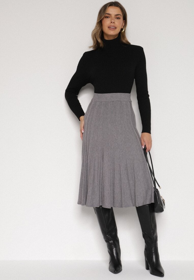 Szara Rozkloszowana Plisowana Spódnica Dzianinowa Tussana