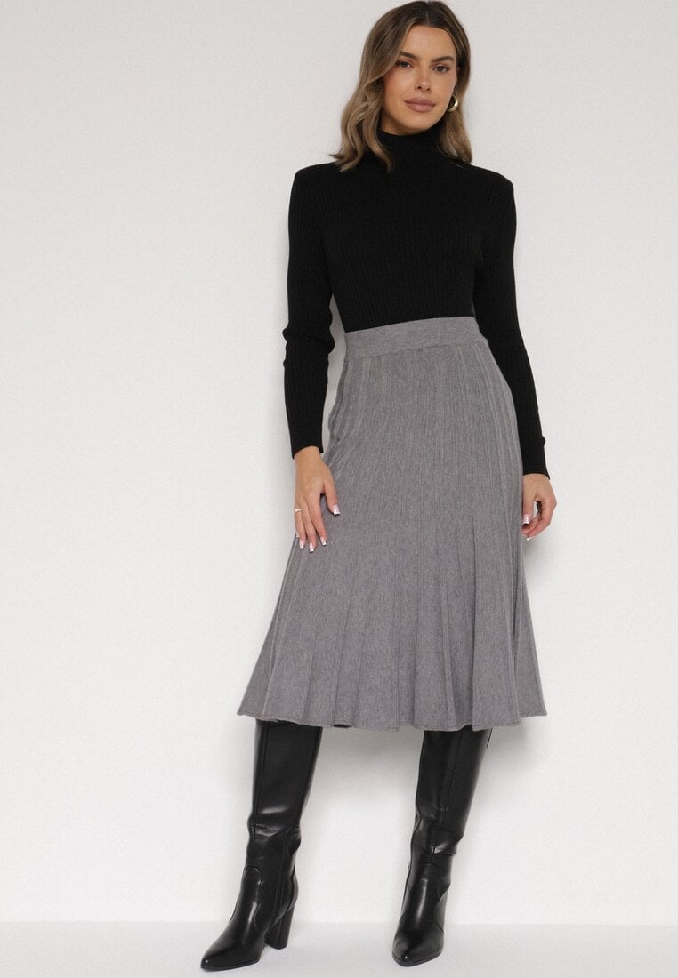 Szara Rozkloszowana Plisowana Spódnica Dzianinowa Tussana