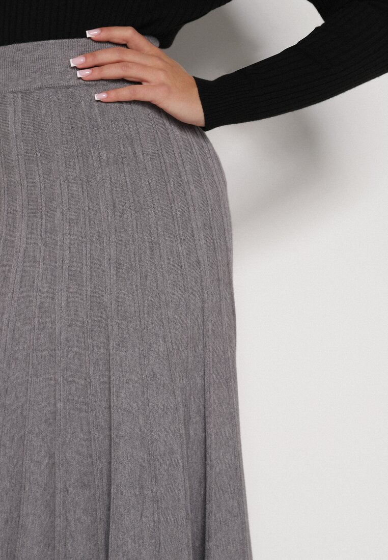 Szara Rozkloszowana Plisowana Spódnica Dzianinowa Tussana