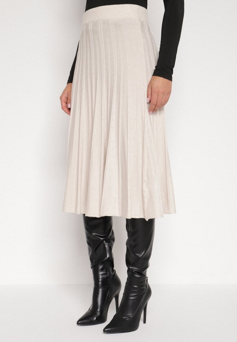 Beżowa Rozkloszowana Plisowana Spódnica Dzianinowa Tussana