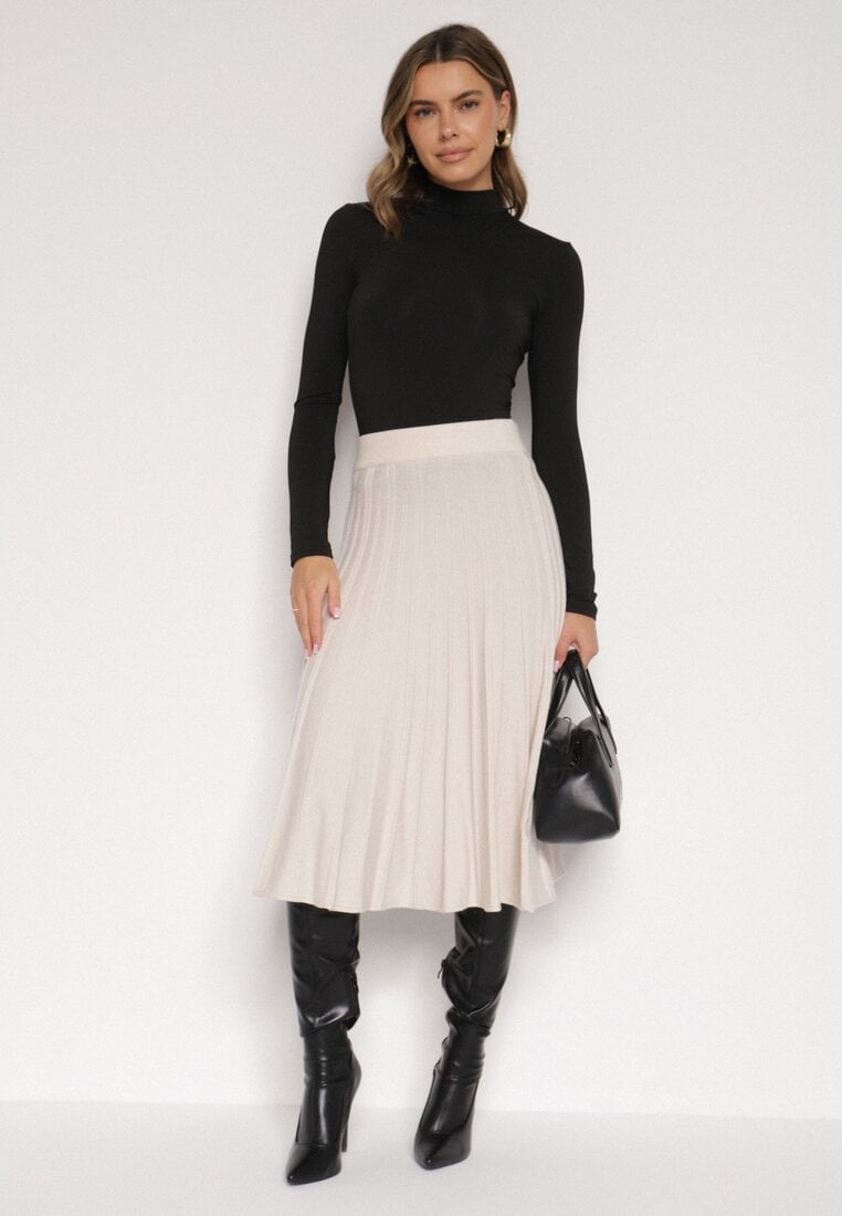 Beżowa Rozkloszowana Plisowana Spódnica Dzianinowa Tussana